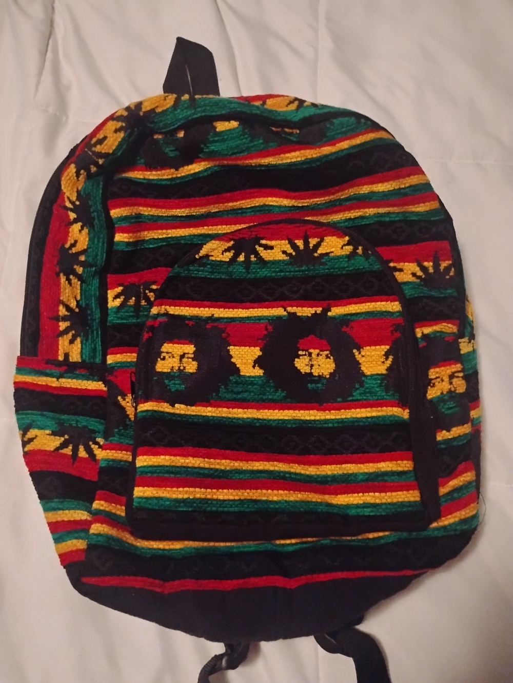 Rasta Woven Backpack Striped Reggae Bob Marley Style Canvas Daypack Palm Trees